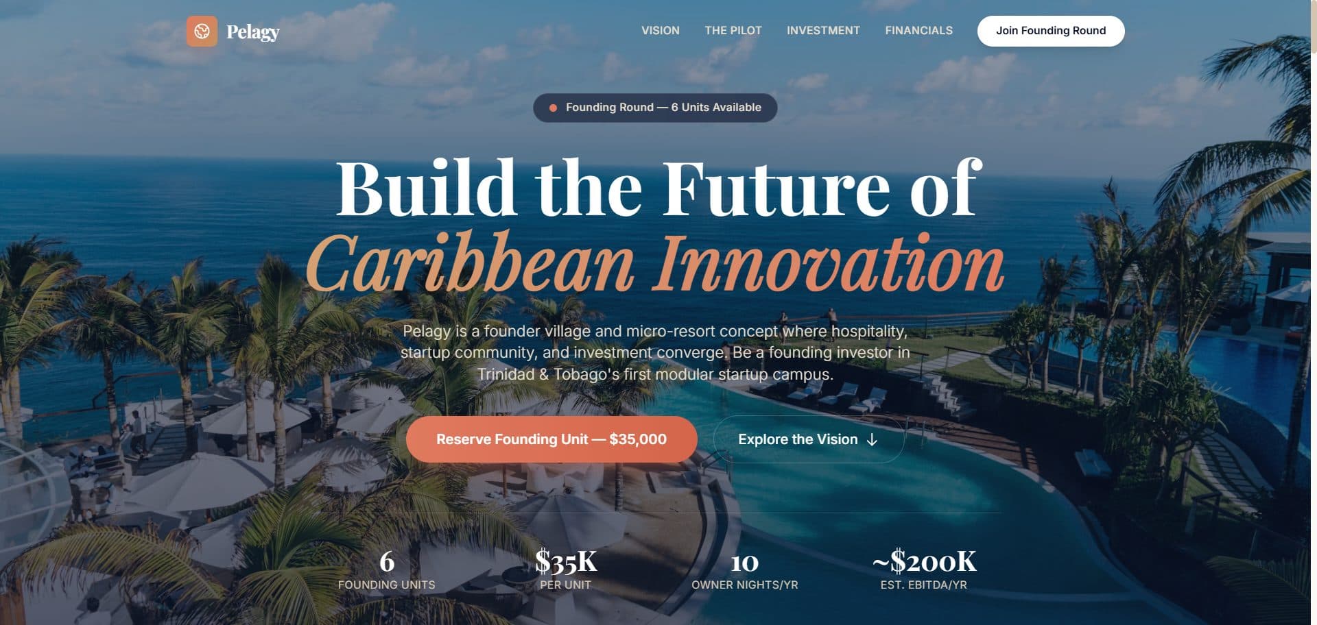 Pelagy landing page introducing the Caribbean micro-resort and founder village